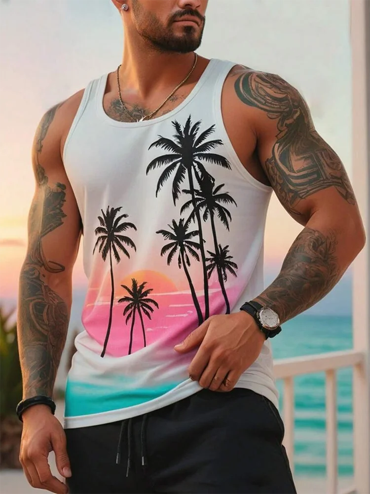 Camisola de alças sem mangas com estampa de coco masculina, moda casual havaiana, rua diária, esportes ao ar livre, verão