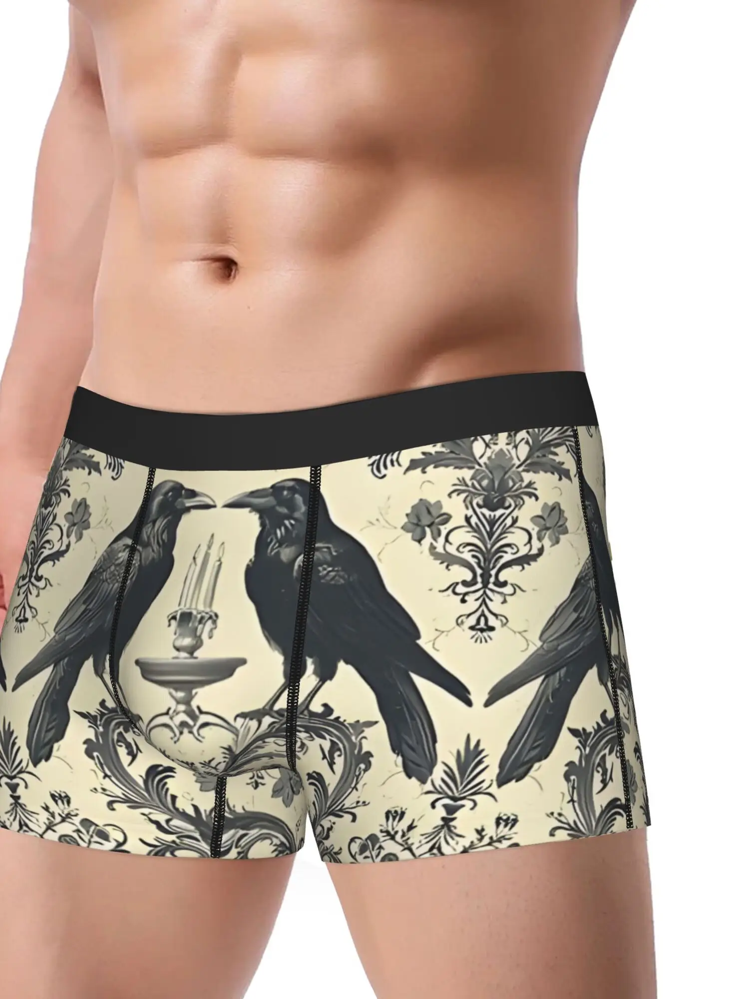 Vintage-Style Men'S Underwear Featuring a Gothic Crow Pattern, Breathable Boxer Briefs with a Sexy Design