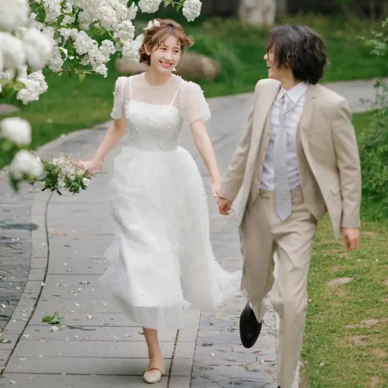 Korean A-line Bride Dress With Pearls White Slim Siple Outdoor Long Dress Super Fairy Simple Wedding Gown Custom Made Customized