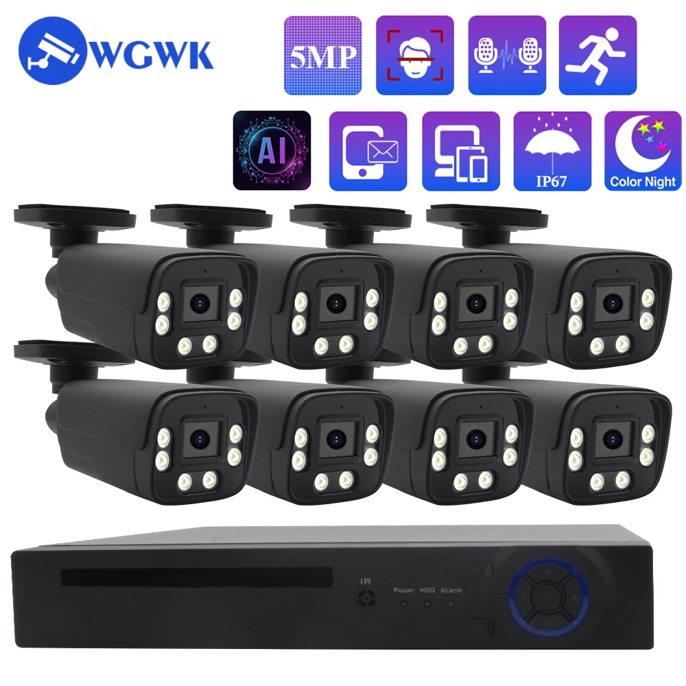 

WGWK 2/4/6/8Pcs 5MP IP POE Camera Smart AI Full Color Night VIsion Webcam CCTV Video Surveillance with 8CH NVR + Hard Drive Kit