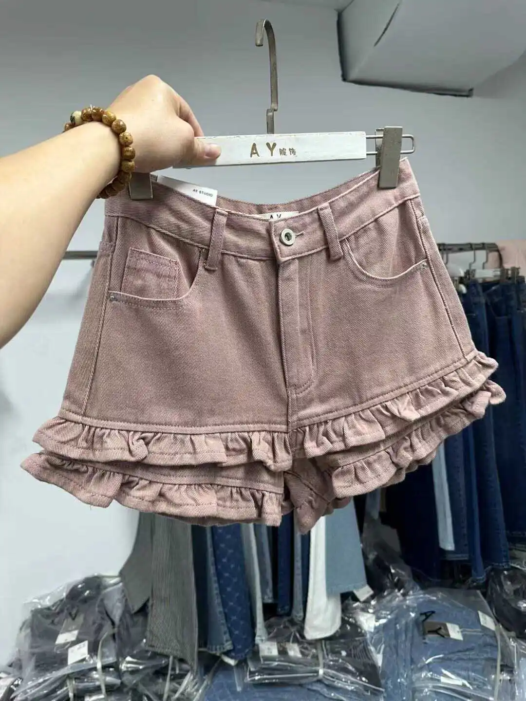 Sweet High Waist A-Line Denim Shorts for Women Summer High Waist Wood Grain Ruffle Korean Style Dongdaemun Short Pants