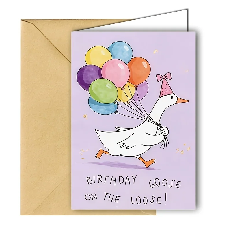 1pc, White Goose Balloon English Puns Birthday Greeting Card Hand-Painted Cute Big Goose Releasing Self-Amusement Blessing Card