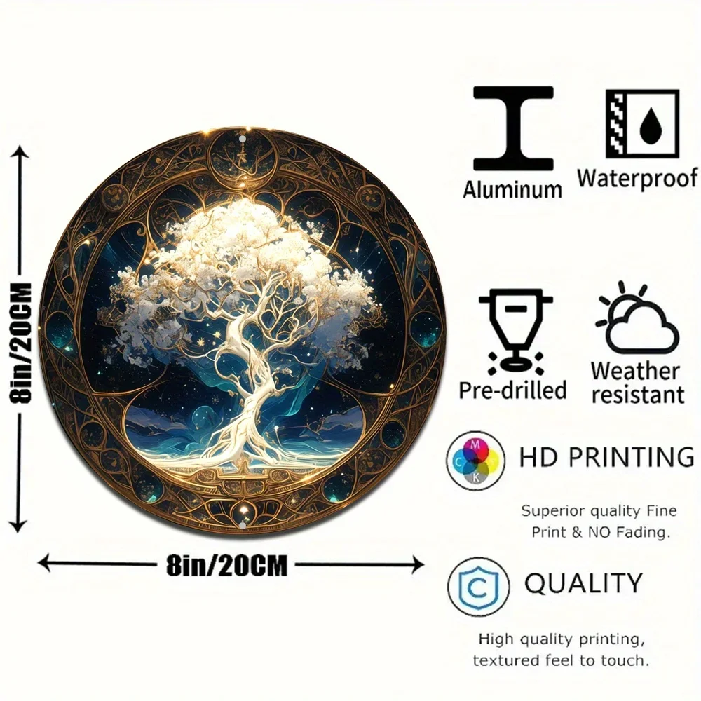 Golden Glowing Tree Of Life Cosmic Starry Sky Round Tin Sign - Vintage Durable Metal Plaque Wall Decor, Mystic Boho Living Room