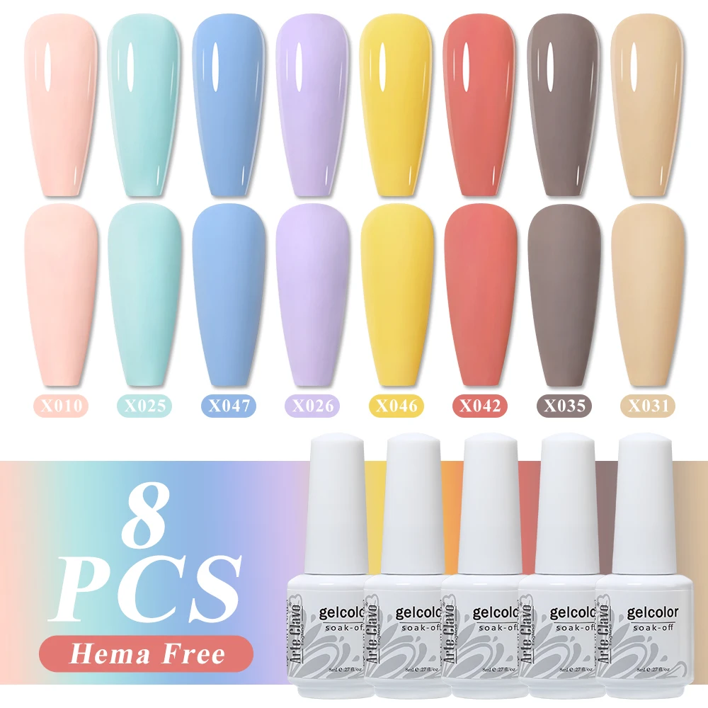 Arte Clavo 8Pcs/Set HEMA FREE Gel Nail Polish Set 60 Colors Semi Permanent Varnish Base Top Coat Soak Off UV LED Nail Art Kits