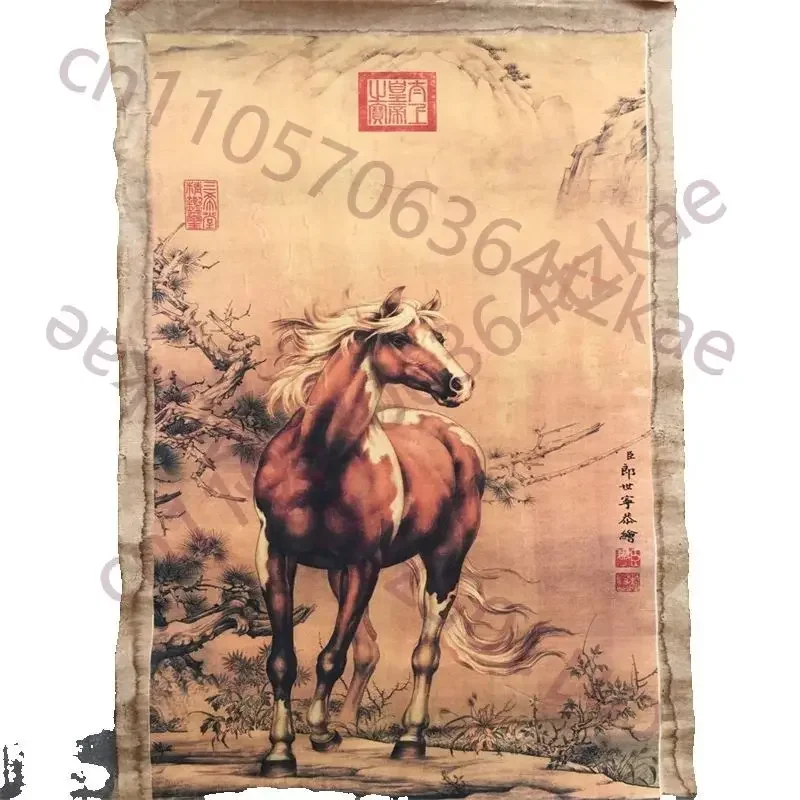 Chinese Old Scroll The works Painter Lang Shining's Steed Picture , Rice Paper Painting Slice,Decorative Picture Artwork Collect
