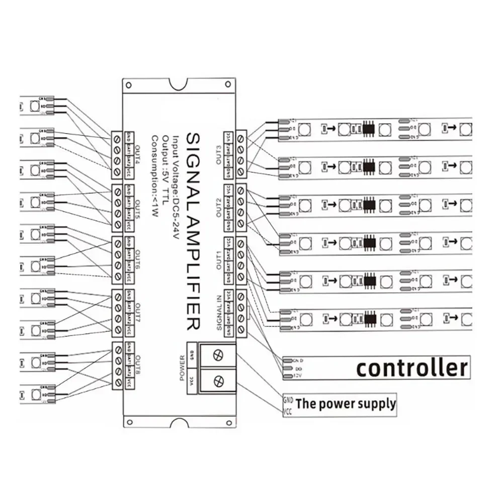 AHC8 DC5V-24V 8CH TTL синхронизатор сигнала светодиодный усилитель 8 портов выход для пиксельной светодиодной ленты управления освещением