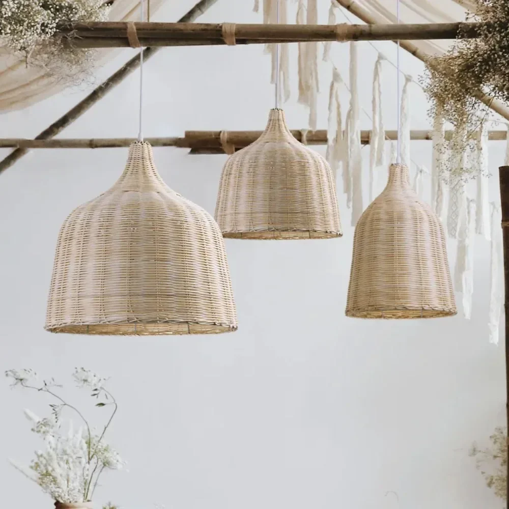 Home Hotel Restaurant Rattan Lampshade Handwoven Wicker Natural Bamboo Rattan Lighting Large Pendant Light Chandelier Lamp