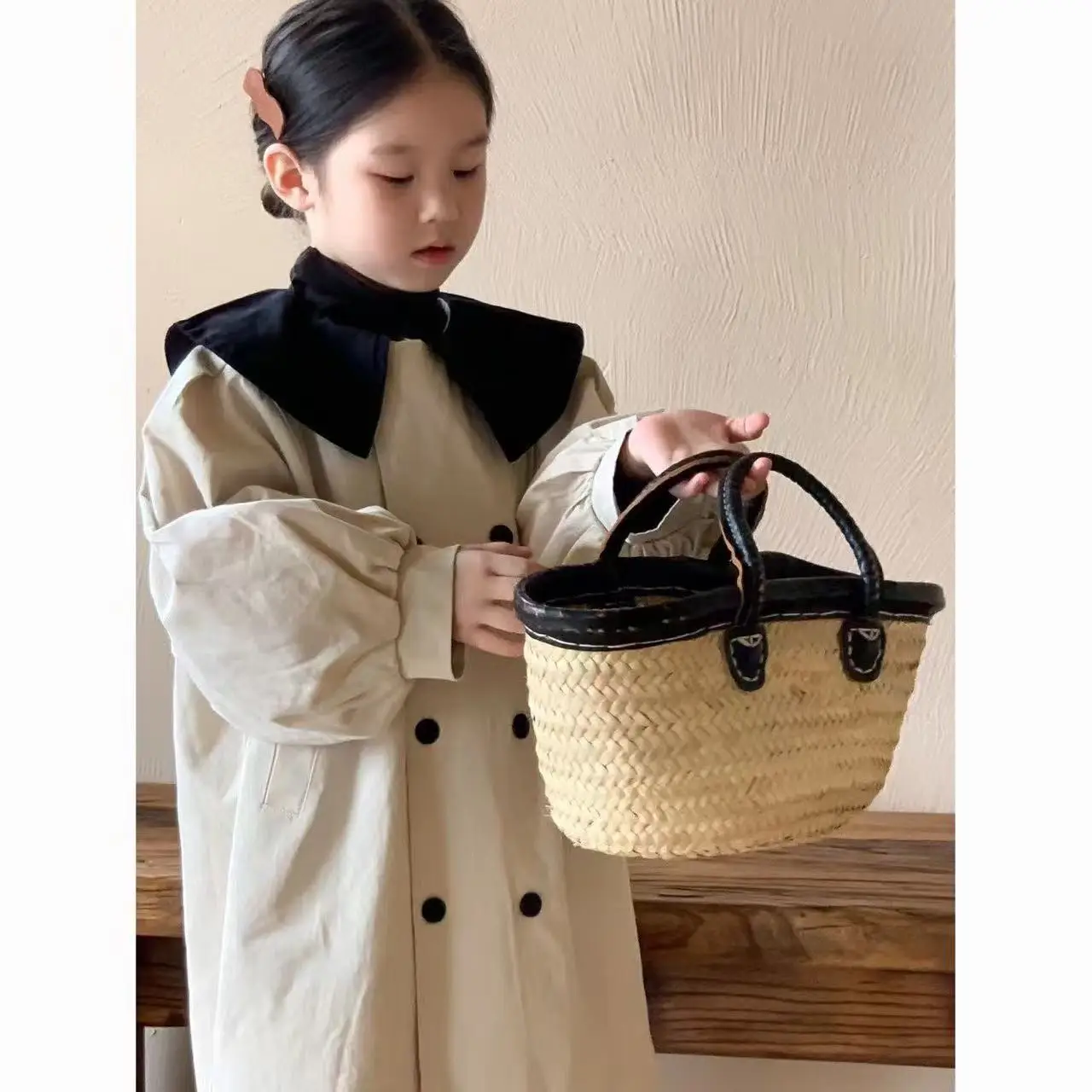 Korean Trench Coat Autumn Girls Collision Lapel Trench Coat Long Section Double-breasted Bubble Long-sleeved Versatile