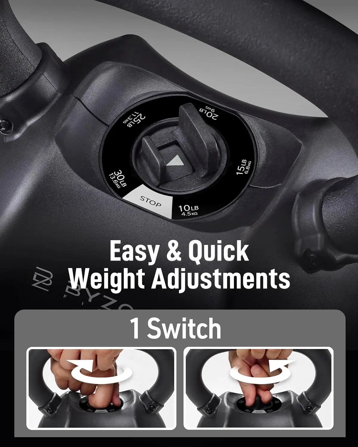 5-in-1 Adjustable Kettlebell, 30/40/50 lb Weight Options, Patented Quick-Change Mechanism for Fast Weight Adjustment