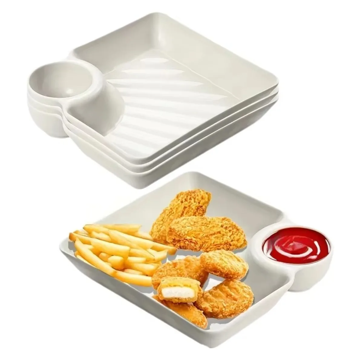 4Pcs Durable Plastic Serving Tray Set White Rectangular Compartment Snack Platter for Chips Sushi Appetizers 18.5x16.7cm Party