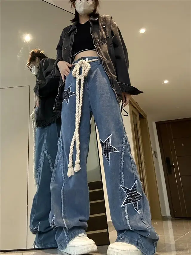 

Stars Y2k Embroidered Baggy Jeans Women High Street Straight Pants Oversize Casual Punk Denim Trouser Wide Leg Grunge w703