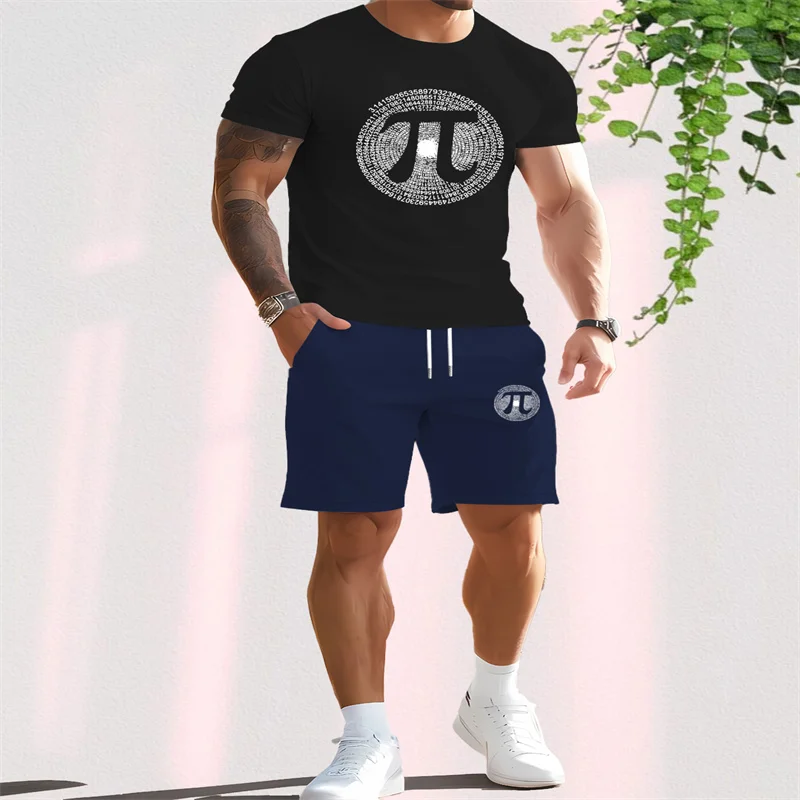 

2025 Summer Men's Sports Set, Fashionable and Casual Round Neck Short Sleeve T-shirt Five Point Drawstring Shorts Two Piece Set