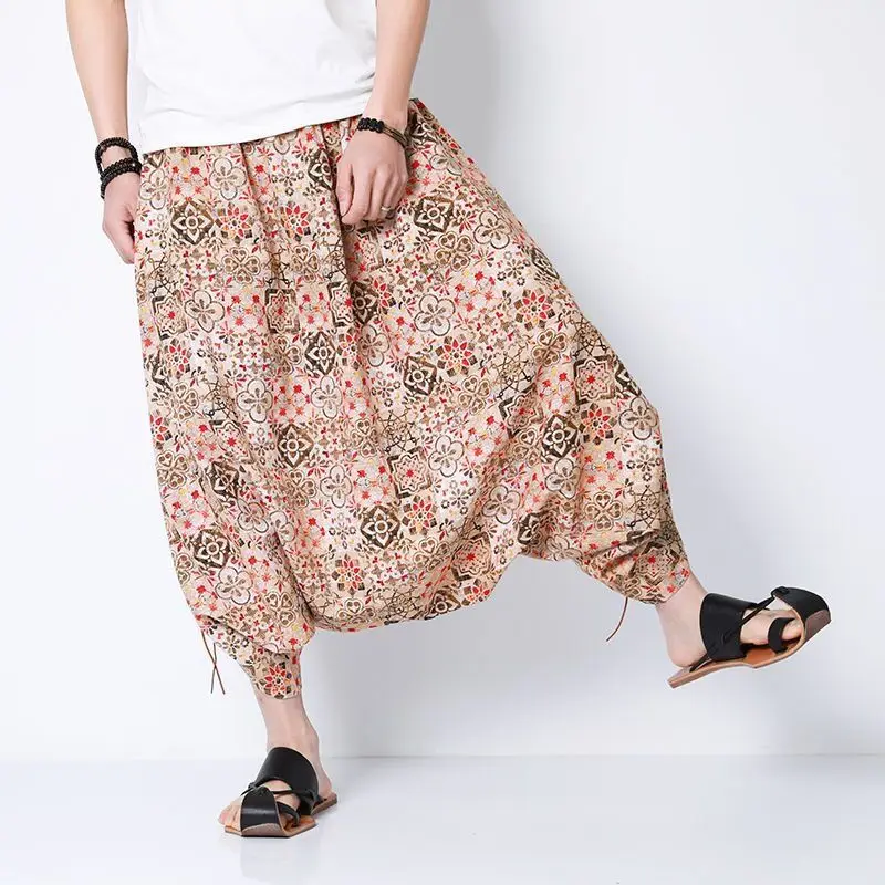 Men Big Drop Crotch Cross Pants Hiphop Loose Wide Leg Cotton Linen Pants Jogger Dance Harem Trousers Nepal Style Pantalon Hombre