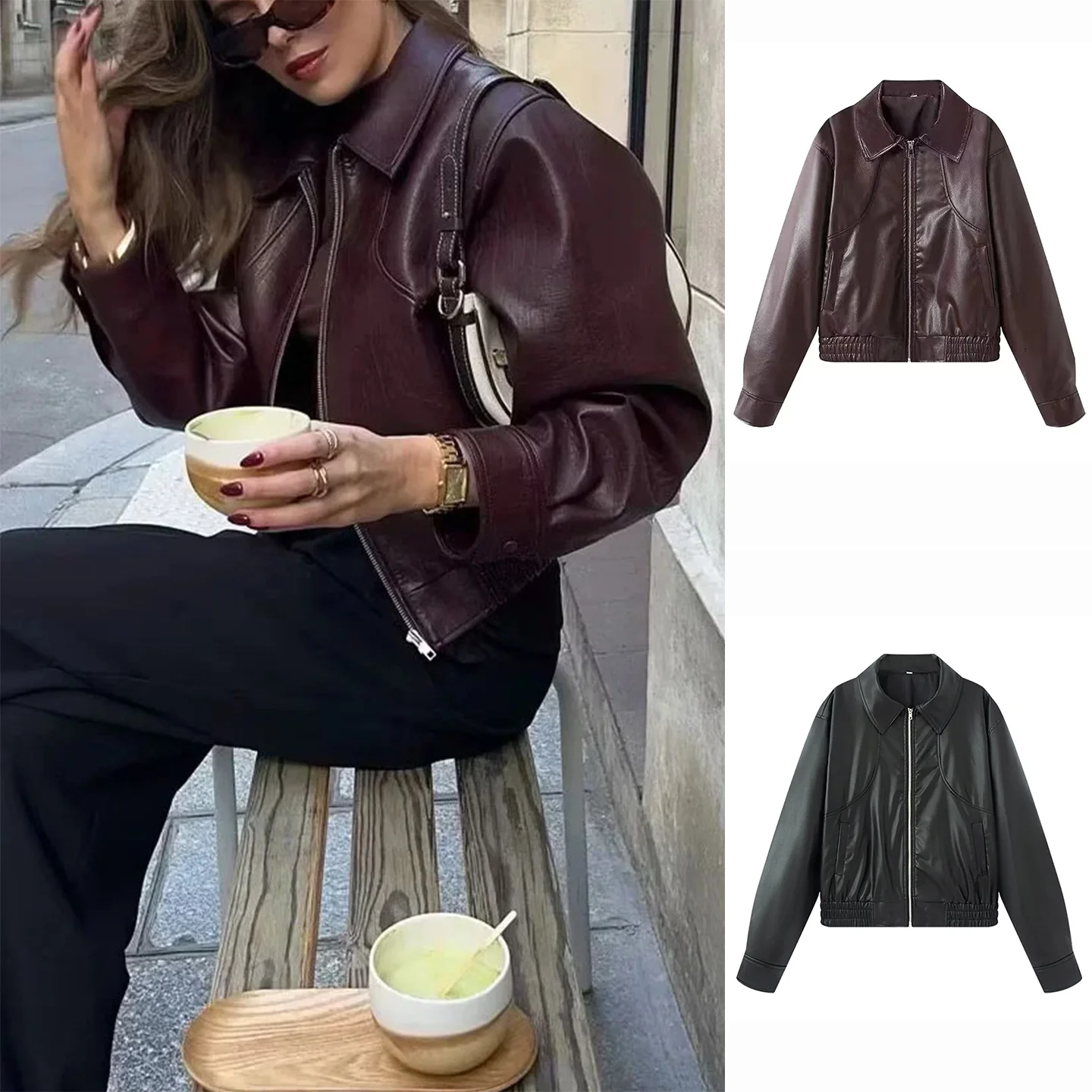 

Осень 2023, женское американское мотоциклетное длинное пальто с лацканами из искусственной кожи, свободное или Jaet Coat