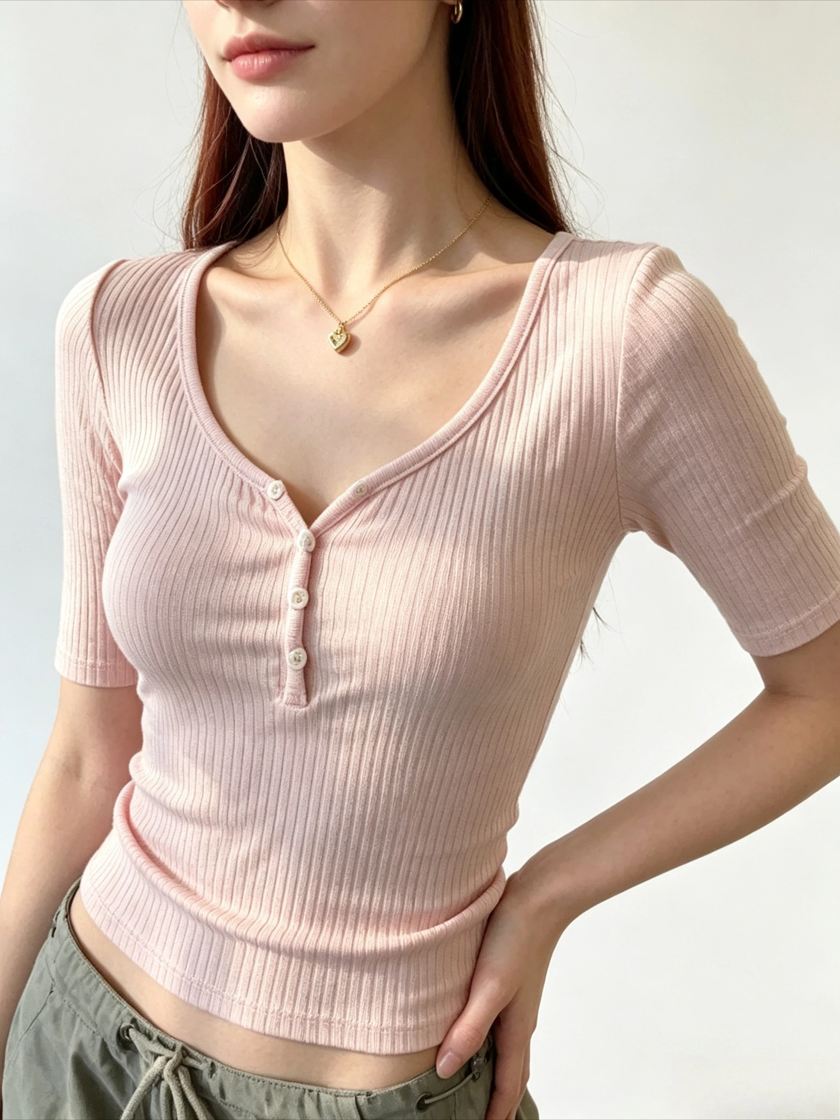 Pastel Pink Ribbed Cropped T Shirt V Neck Henley Half Button Design Slim Fit Short Sleeve Casual Base Top