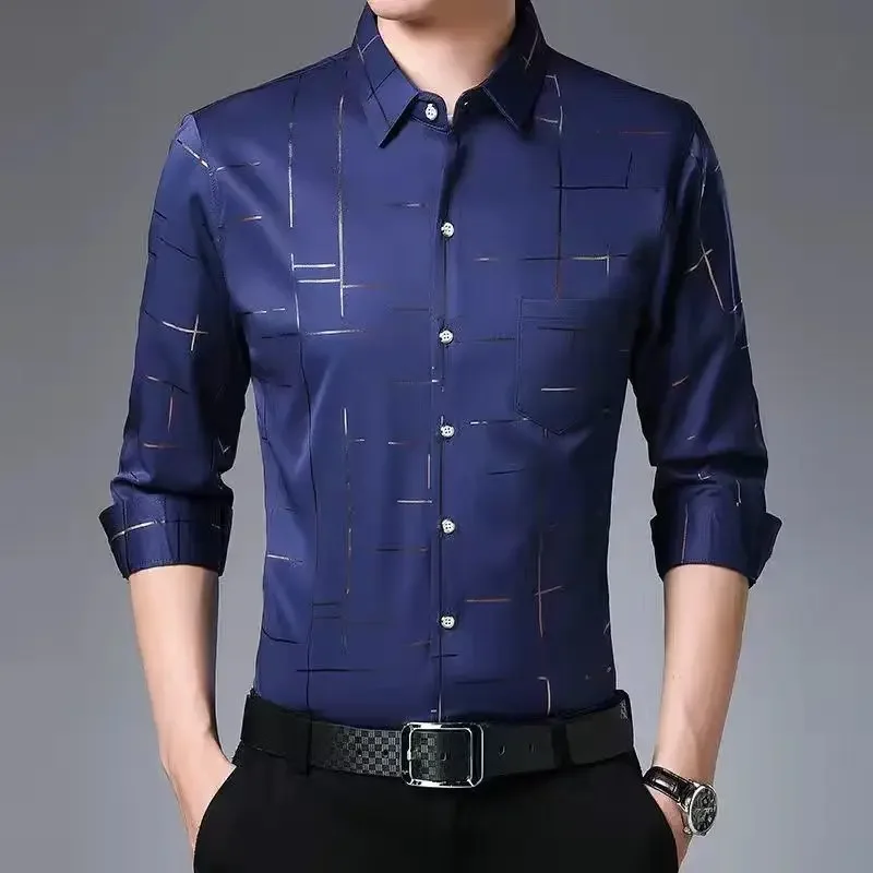 

Smart Casual Men New Thin Plaid Smooth Shirts Long Sleeve Lapel Spring Autumn Clothing Koreon Male Loose Business Fashion Tops