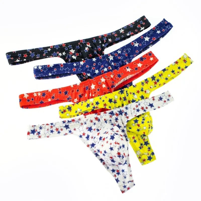 Мужские стринги со звездным принтом и Т-образной спинкой, увеличивающие выпуклые купальники, сумка, нижнее белье, сексуальные трусы-бикини, пляжные трусики для геев, эротическое белье