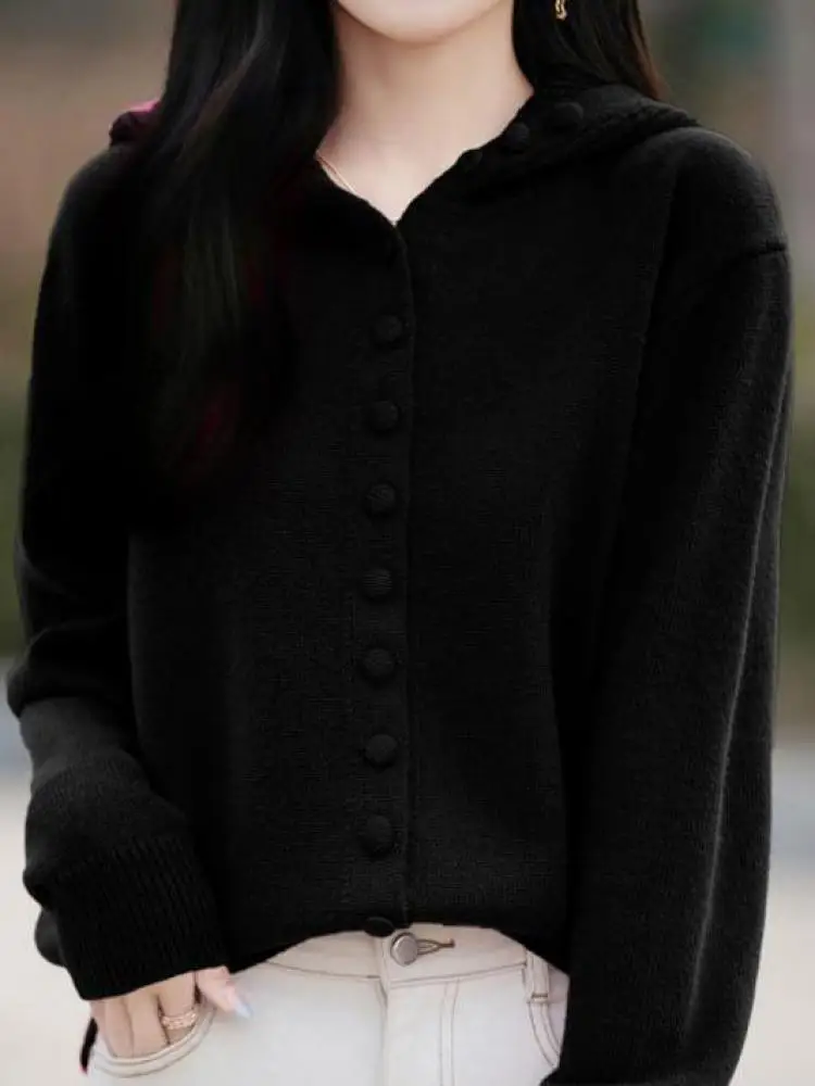 Korean New Autumn Winter Solid Single Breasted Hooded Cardigan Short Sweaters Women's Long Sleeved Warm Knitted Tops Streetwear