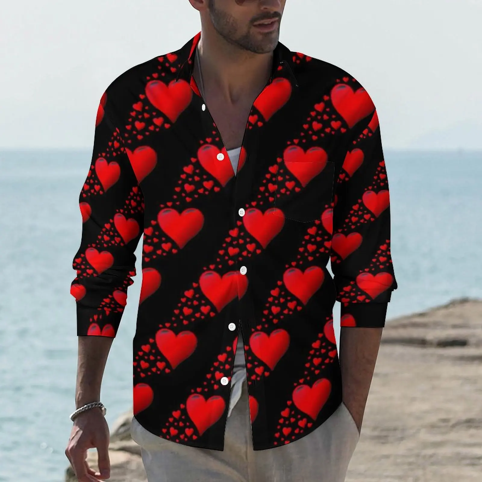 

Red Heart Shirt Man Valentines Day Casual Shirts Autumn Y2K Design Blouses Long Sleeve Trending Oversized Clothing Gift Idea