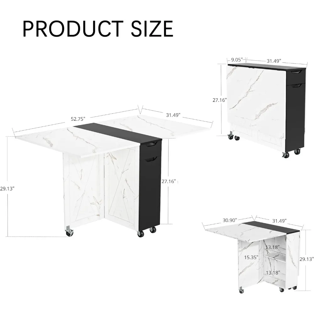 Opklapbare eettafel, eettafel met lade en opbergruimte en planken, ruimtebesparende eettafel met 6 wielen, keukentafels