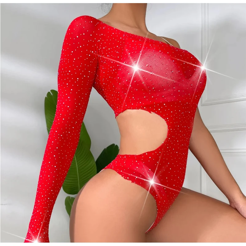 セクシーなラインストーンワンショルダードレスボディスーツ女性ダイヤモンドワンピースダンスウェアランジェリー