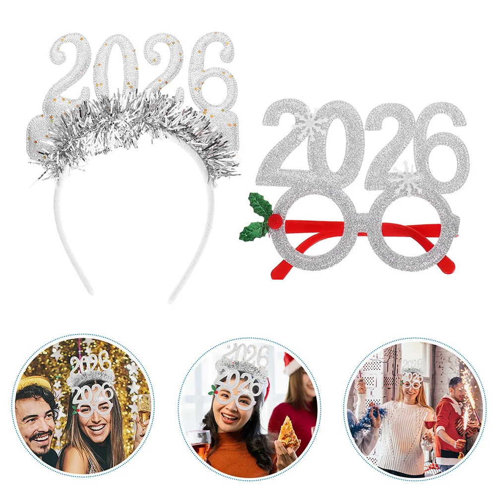

4Pcs Holiday Headbands New Year Party Decoration 2026 Glitter Eyeglasses Festive Photo Booth Props Happy New Year Headbands