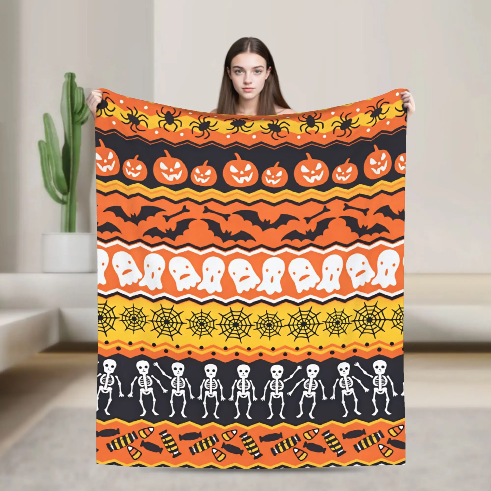 Halloween Skeleton Ghost Pumpkin Bat Spider Striped Border Seamless Pattern Blanket Adults Flannel Throw Blanket  Bedspread Gift