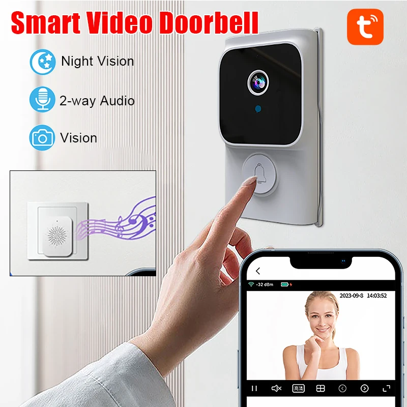 

Беспроводной умный видеодомофон Tuya с дистанционным управлением через приложение, двусторонней связью, ночным видением высокой четкости и инфракрасной подсветкой для домашней безопасности