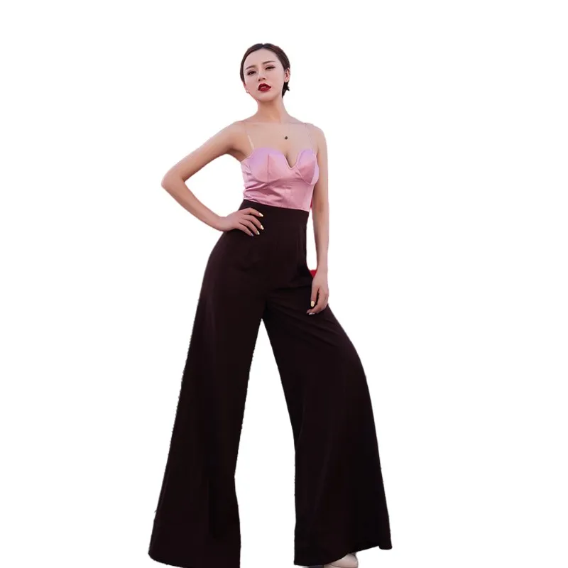 ฤดูร้อนใหม่ Retro เซ็กซี่ Conjoined ผู้หญิง Low Cut Splicing Elegant Flared ยาวกางเกงขากว้าง Slim Jumpsuit