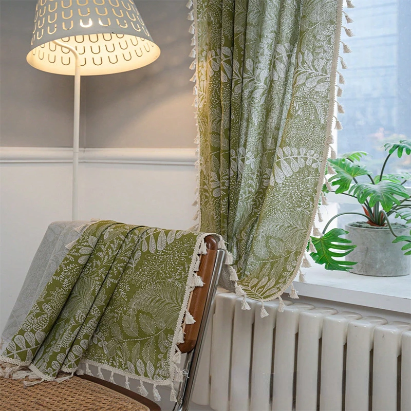 

Green Curtains with Tassel for Living Room Bohemian Style Bedroom Kitchen Drapes Home Decor Fresh Windows Semi-Blackout Curtain