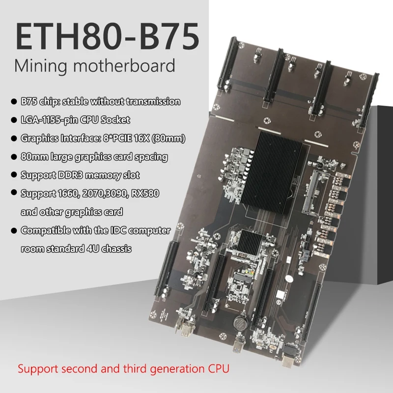 ETH80 B75 Miner Motherboard IDC 4U Chassis BTC Mining Motherboard LGA 1155 Pin 8XPCIE 16X 80Mm DDR3 Memory Slot