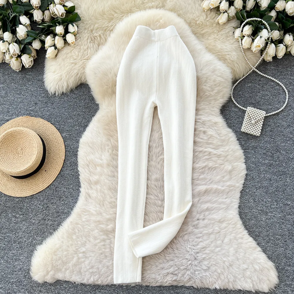 Karofi Thermo-gefütterte Strickleggings für Damen, hohe Taille, warme, mit Fleece gefütterte Stretch-Ripp-Hose, weiche, dünne Winterhose P309 – Detail 11