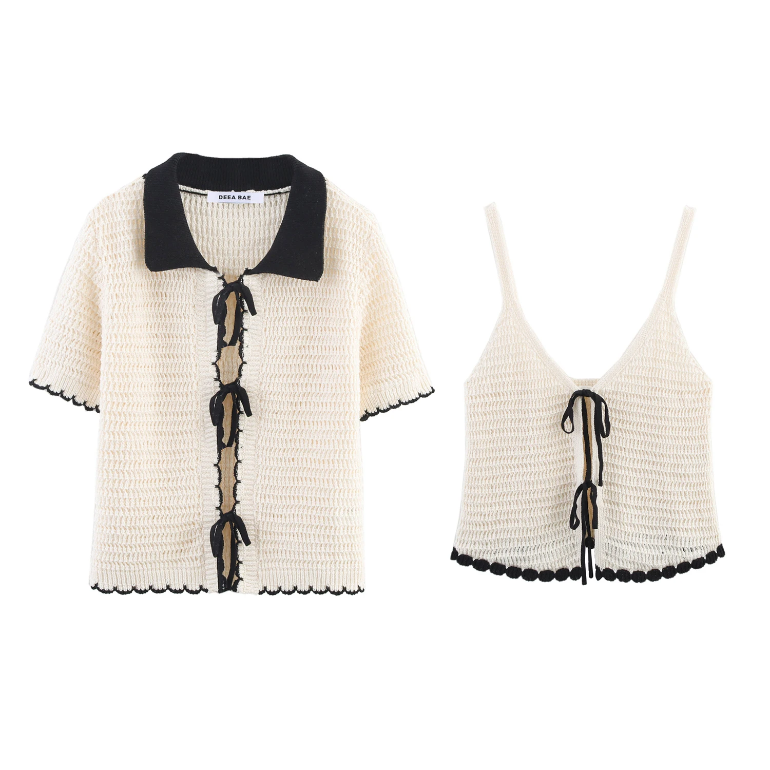 Summer new women's clothing color blocking decorative layer short sleeved crochet polo shirt collar simple top suspender set