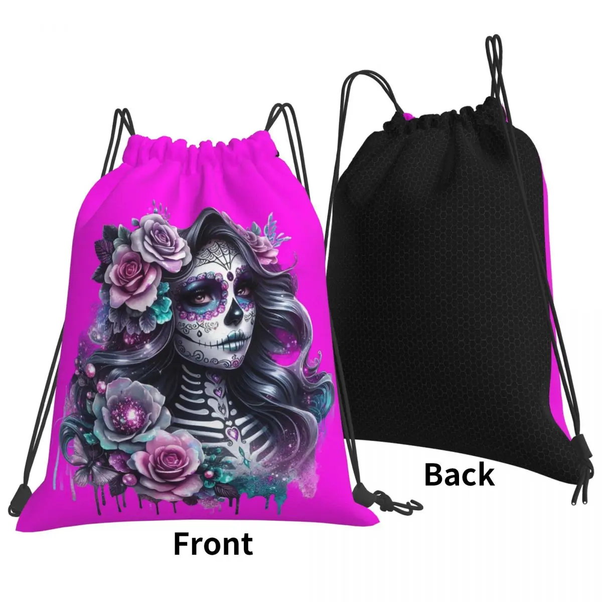 Gothic Day Of The Dead Girl With Roses Skull Backpacks Fashion Drawstring Bundle Pocket Shoes Bag Book Bags for Travel School