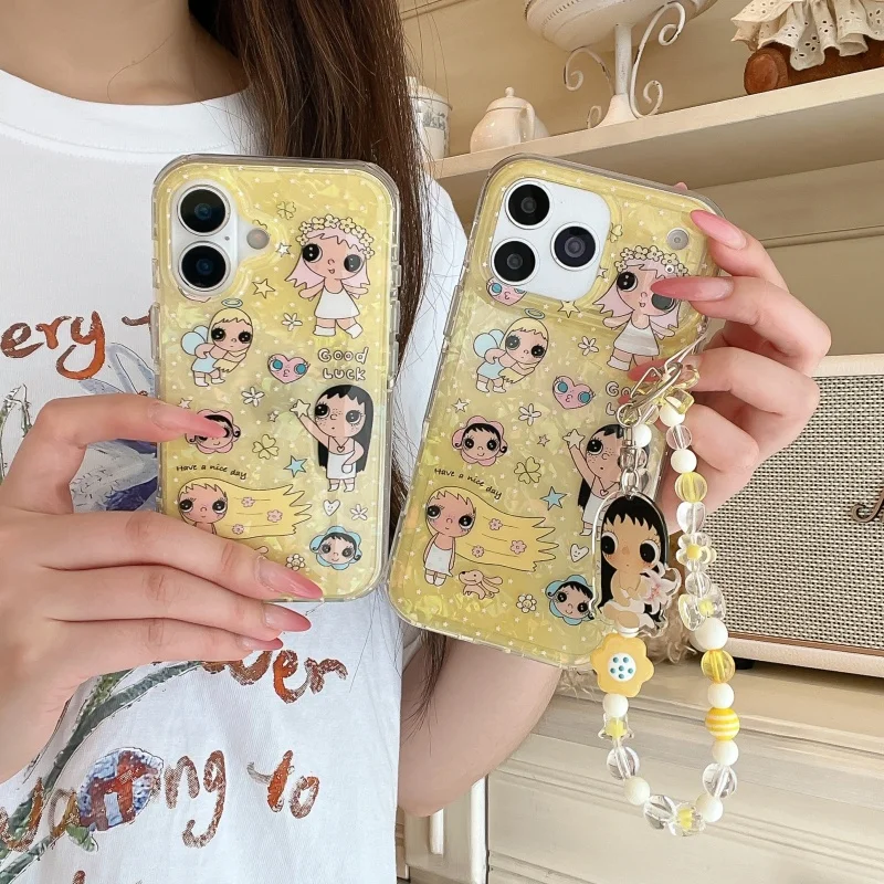 

Fashion Cute Flower Cartoon Girl Phone Case For iPhone 17 Pro 16 15 Pro Max Cover with Chain Strap Shockproof Cases For Apple 16