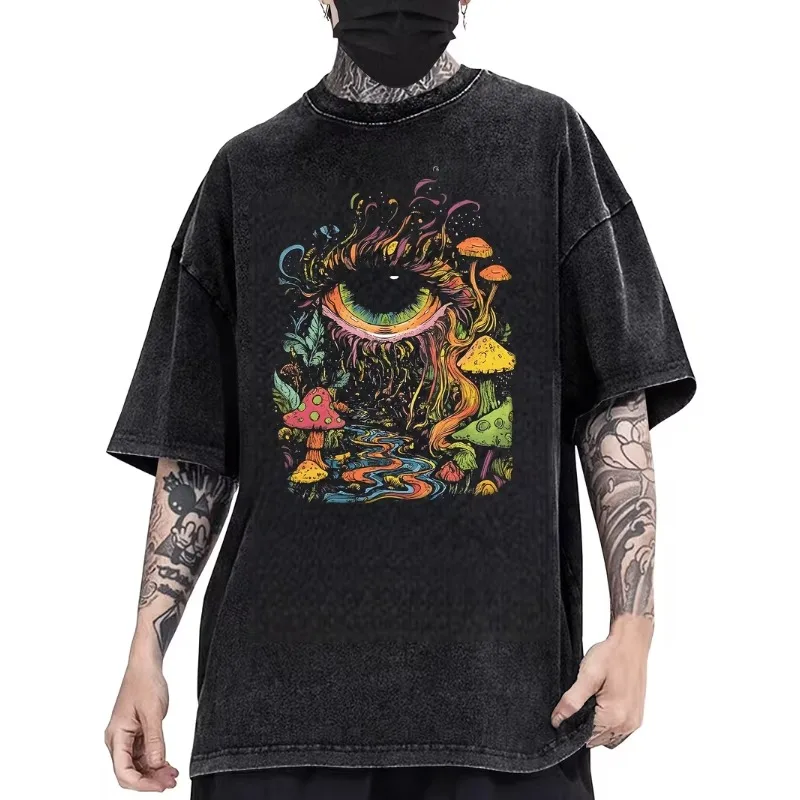 Psychedelic Eye Mushroom Print T-Shirt Unisex Washed Black Oversized Tee Y2K Streetwear Shirt for Edgy Grunge Aesthetic