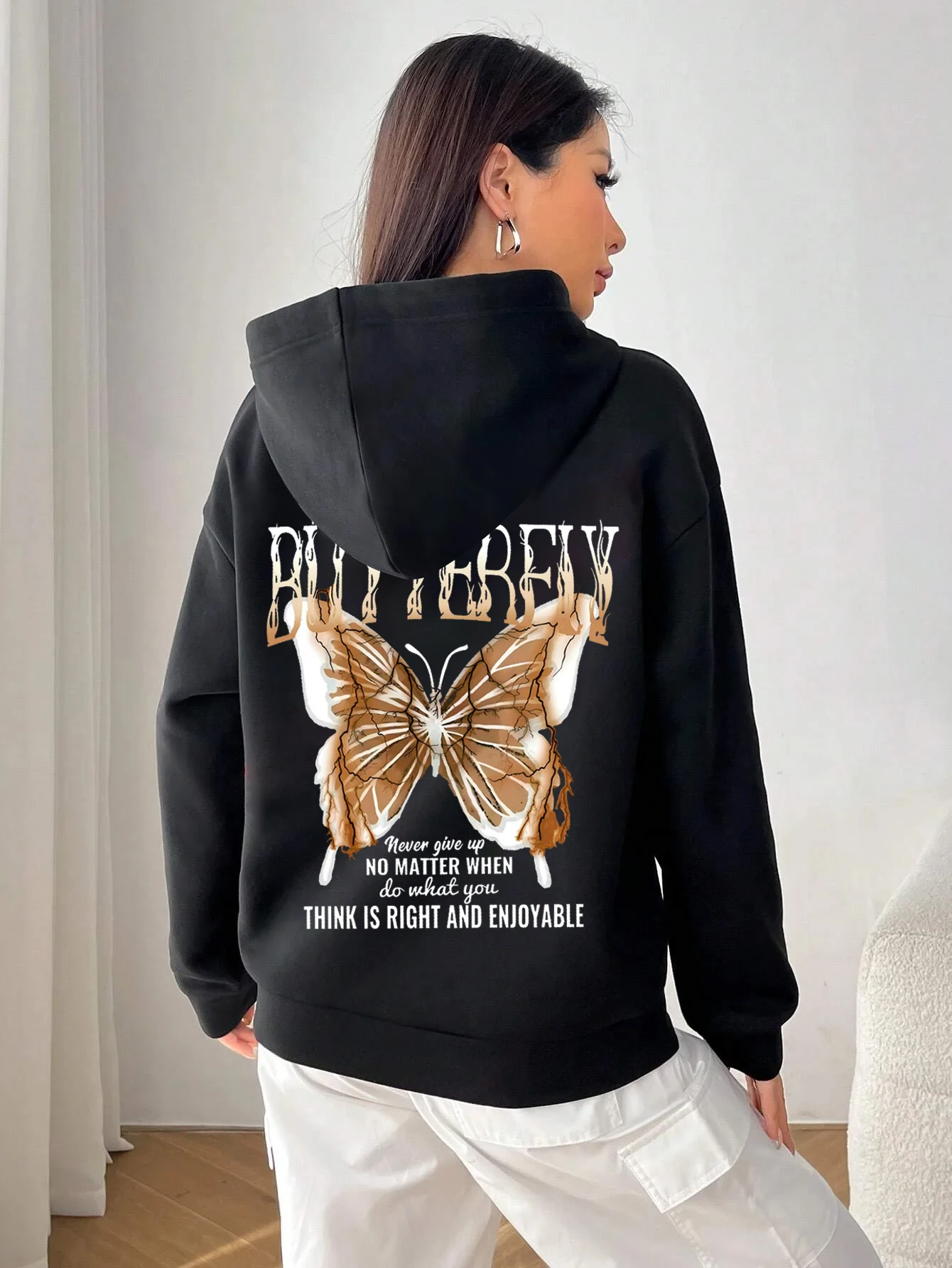 Beautiful Purple Butterfly Sweatshirt Women Fleece High Quality Hooded Simple Casual Hoodies Autumn Loose Oversized Streetwear