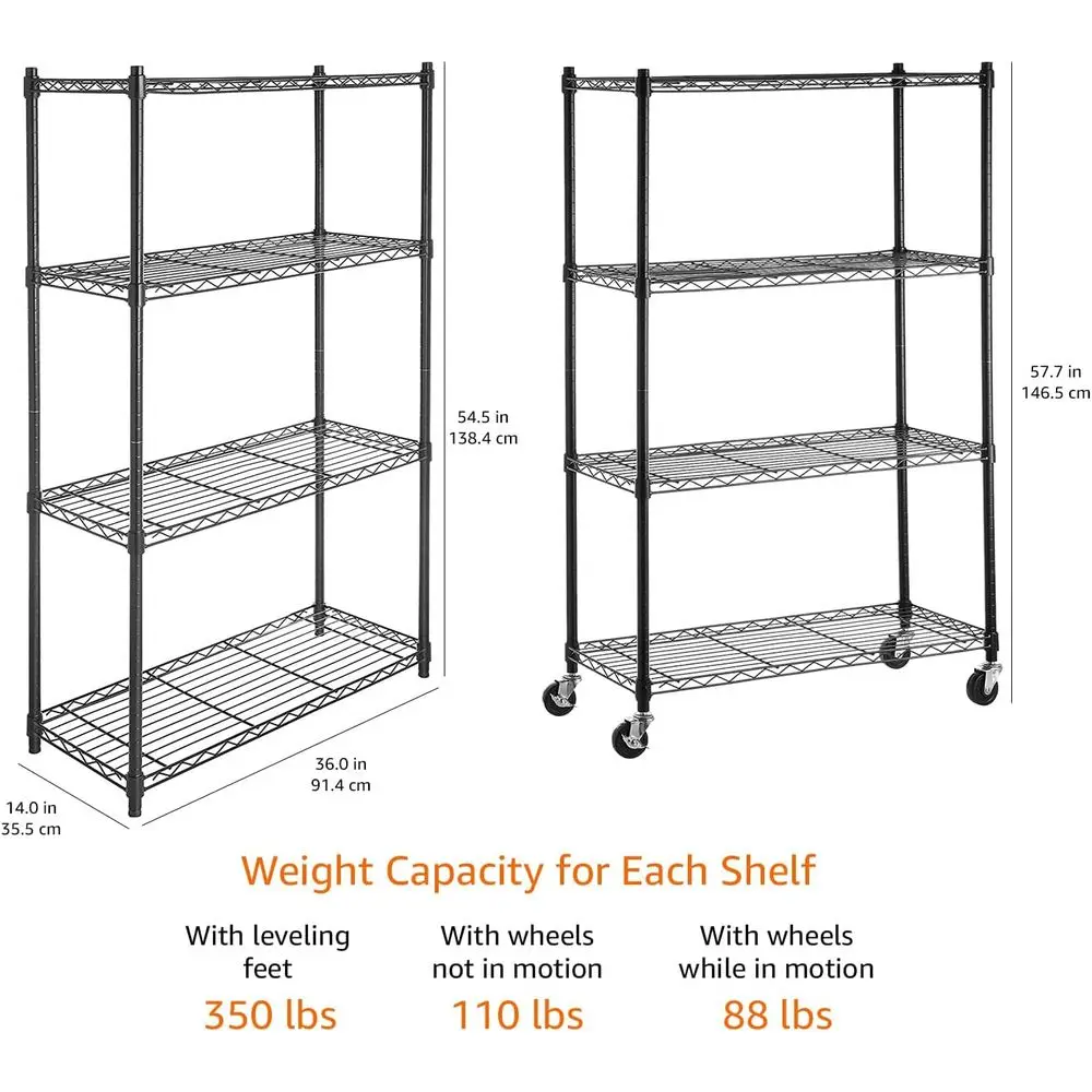 رف تخزين معدني شديد التحمل بأربعة أرفف قابل للتعديل مع 3 عجلات، 36 لتر × 14 عرضًا × 57.75 ارتفاعًا، أسود #5