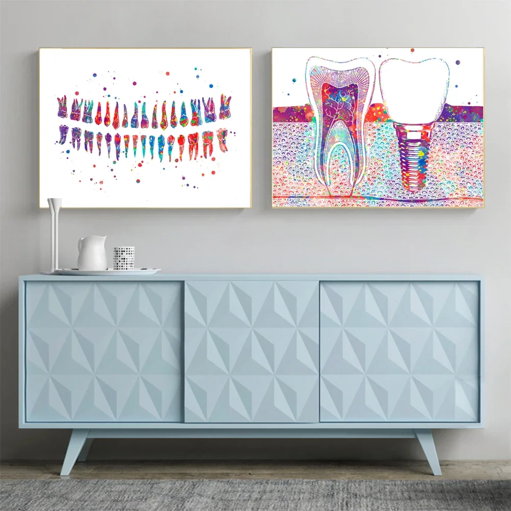 Water color Painting Teeth Print Surgical Instrument Canvas Art Wall Picture For Medical Education Office Home Decor