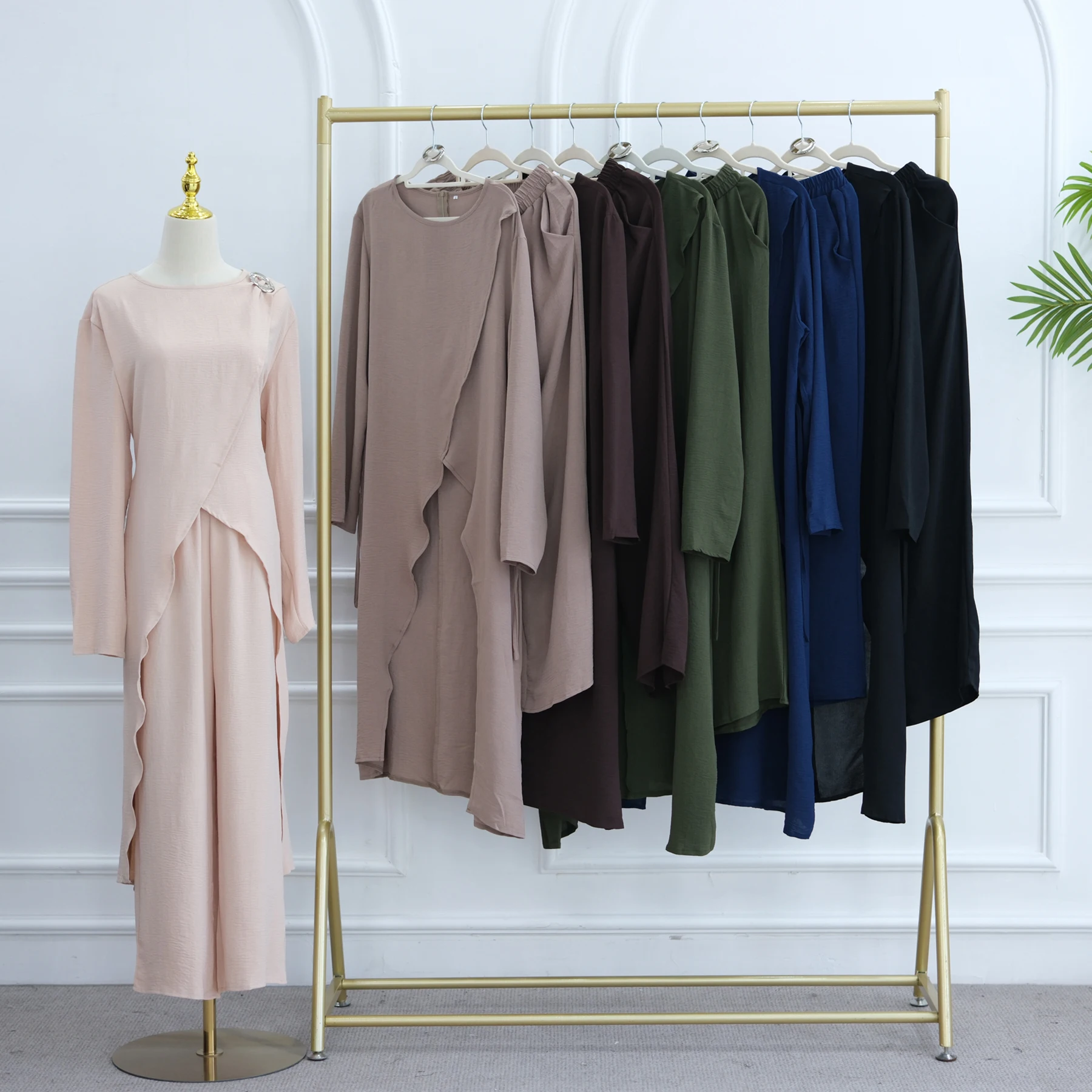 

Летний одинаковый комплект хиджаби, асимметричный топ с длинными рукавами + широкие брюки, повседневный мусульманский женский комплект, скромная исламская одежда