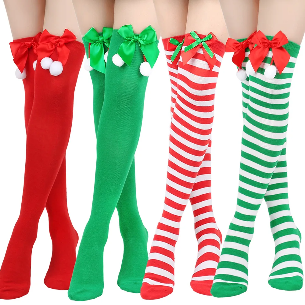

Спортивное платье для экипажа, новые рождественские чулки с бантом, бальные чулки выше колена, женские длинные праздничные полосатые чулки 8W175