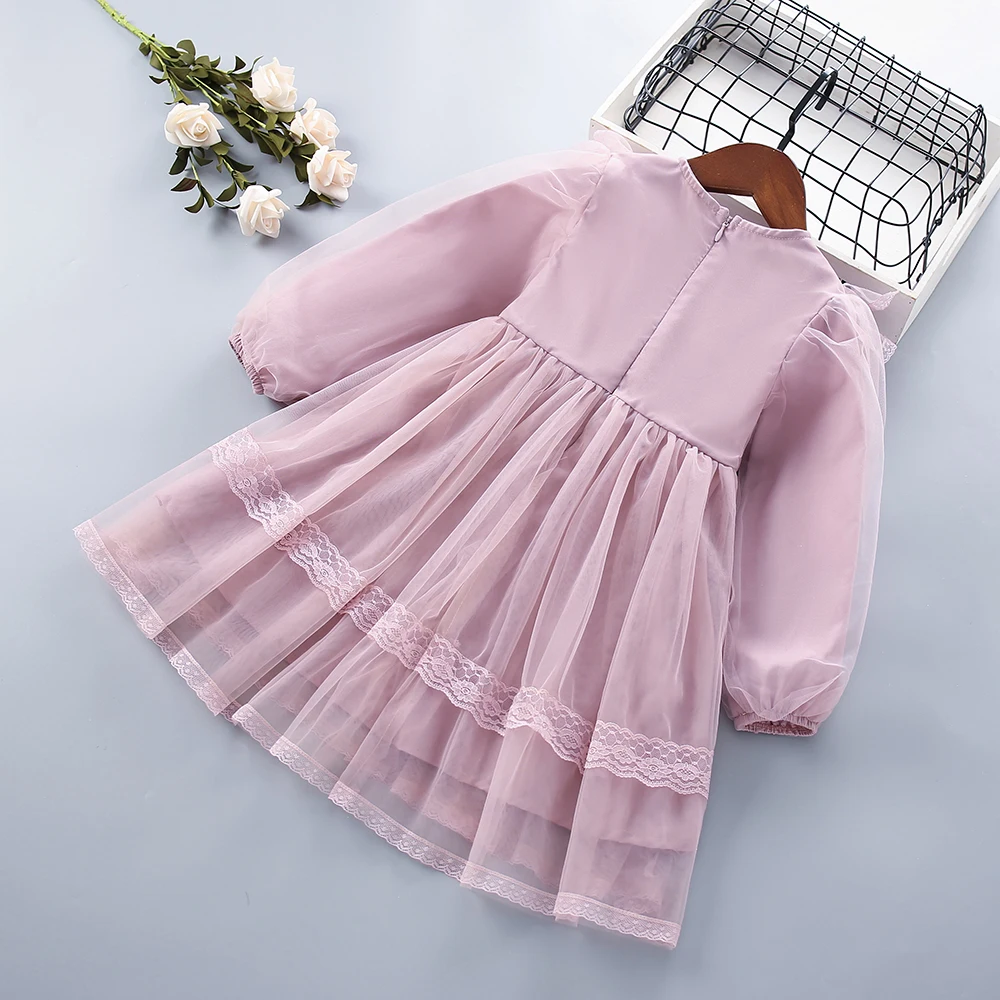 2-10 Years High Quality Spring Autumn Cute Lace Floral Draped Ruched Kid Children Clothing Girl Party Birthday Princess Dress