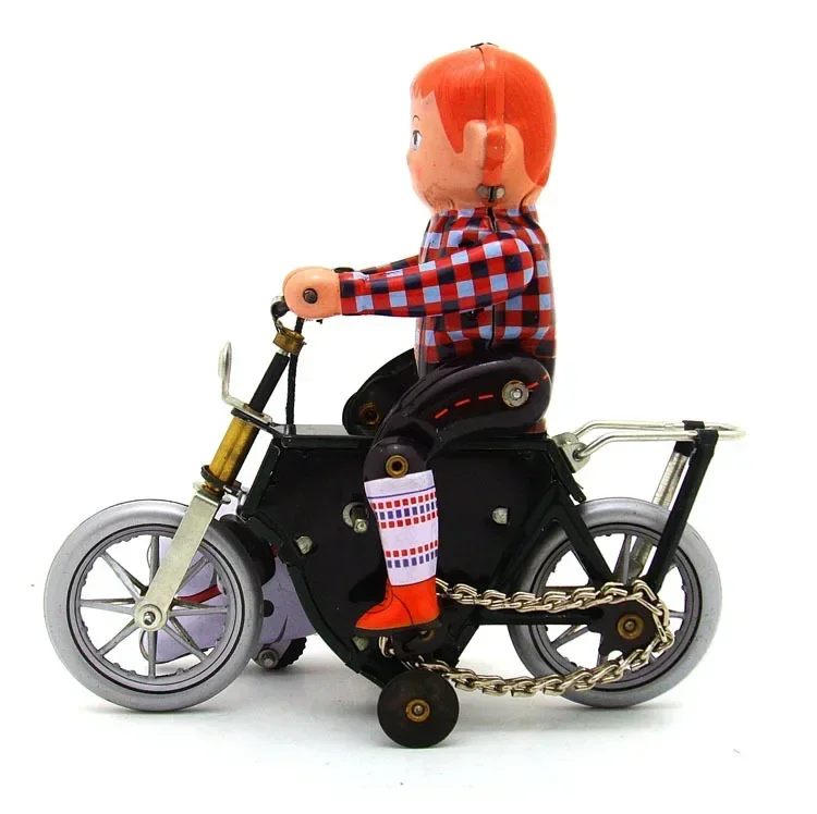 [Fun] Adult Collection Retro Wind up toy Metal Tin The boy walk the dog by bike motorcycle Clockwork toy figures model kids gift