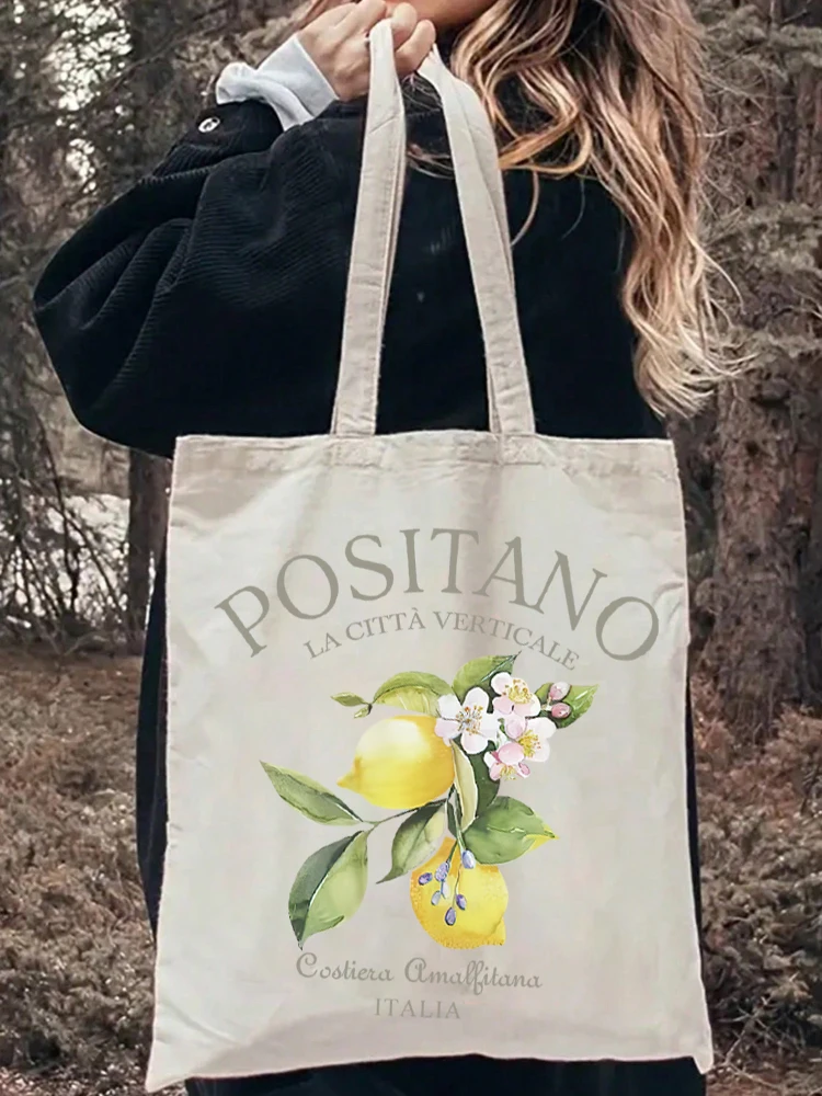 1pc Positano Lemon Flowers Leaves Women Shopper Bags Tote Canvas Plant Travel Shoulder Handbag Shopping Bag