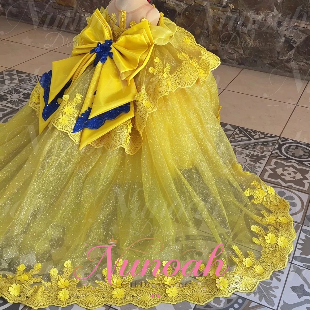 Customized New Yellow Flower Girl Dresses for Wedding with Bow Lace Appliques Floor Length Birthday Party First Communion Gowns