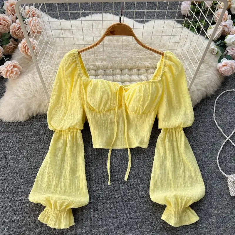 Fashion Sweet Solid Color Short Blouse French Style Square Collar Puff Sleeve Lace Up 2023 Women Streetwear Spring Top