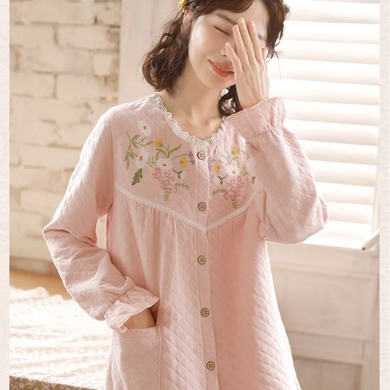 2023 New Sleepwear Women's Winter Air Cotton Autumn Lace Homewer Thickening Outgoing Home Furnishing Set Ruffle Cuffs Sleepcoat