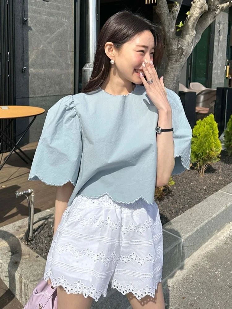 

Sweet Youthful Embroidered Ruffle Hem irt Women Summer New Sle Vaion Loose Fit Casual ort Sve Top