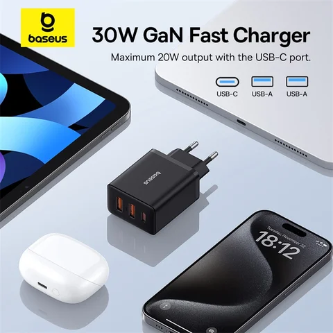 Зарядное устройство Baseus 30W USB-C PD QC3.0, 3 порта, быстрая зарядка — пример использования