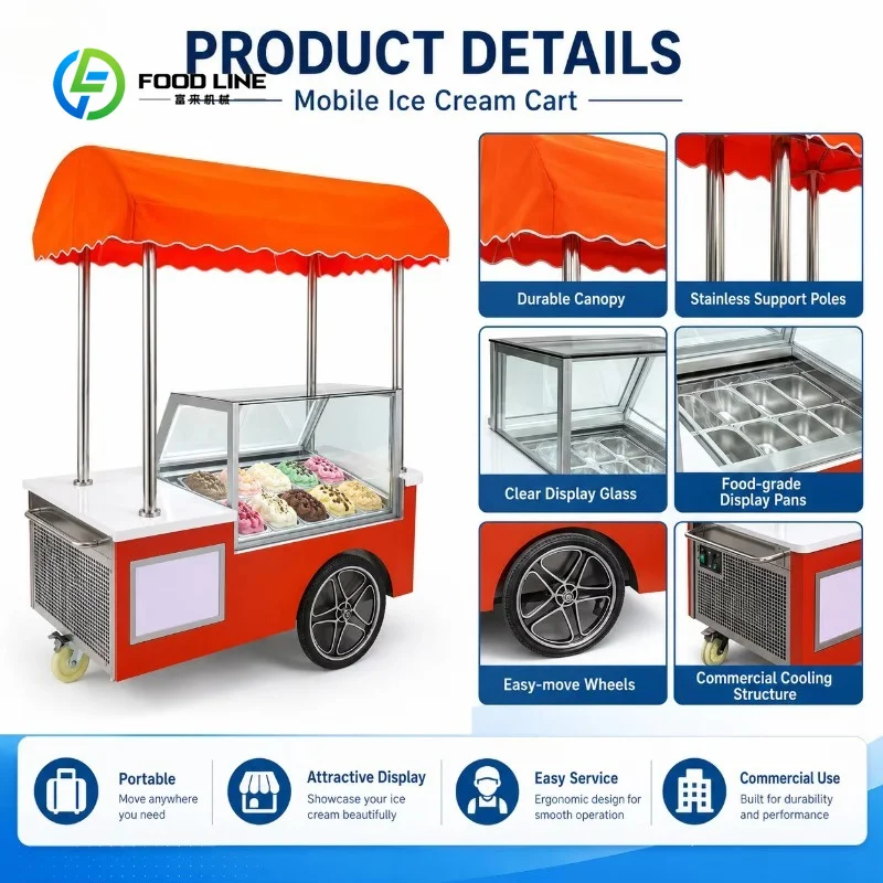 Customized Red Mobile Ice Cream Vending Cart, Refrigerated Gelato Display Case with Wheels, Outdoor Food Kiosk for Dessert Sale